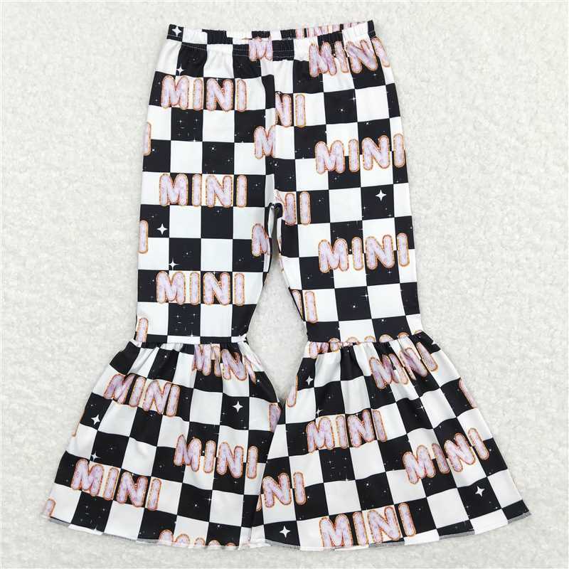 GSPO1185 Girls Black Tassel Halter Top Mini Letter Black and White Plaid Trousers Set