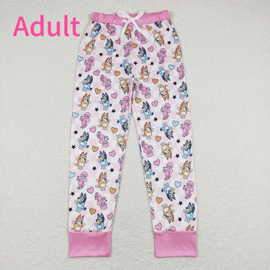 P0393 Adult female cartoon dog love pink and white plaid trousers