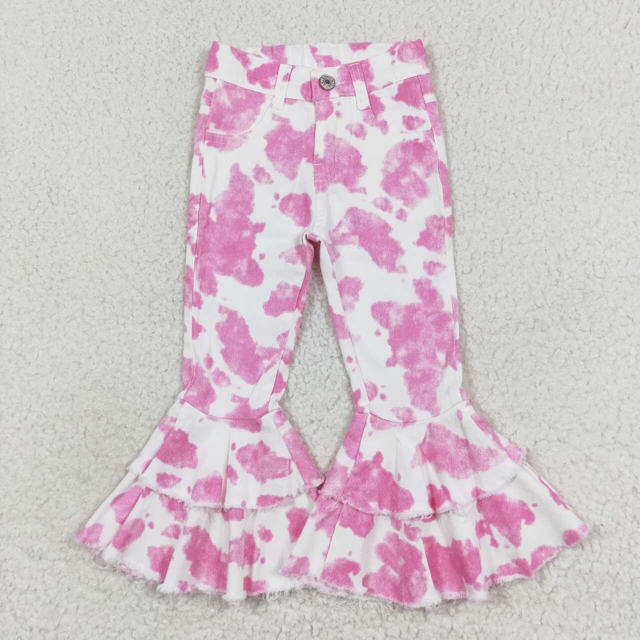 P0406 Pink and white cow print denim trousers