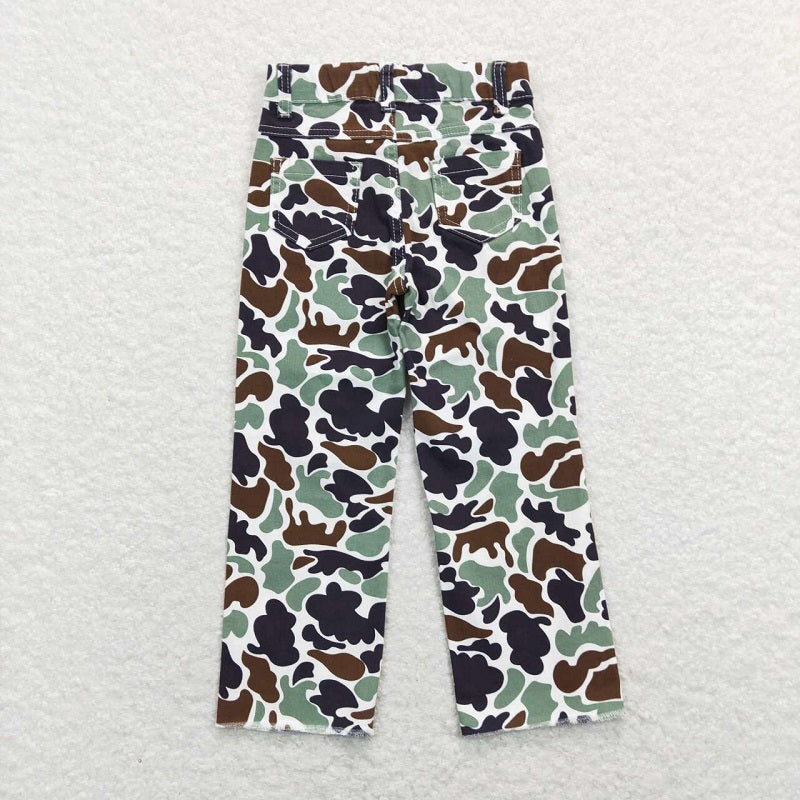 P0413 Brown green camouflage ripped denim trousers