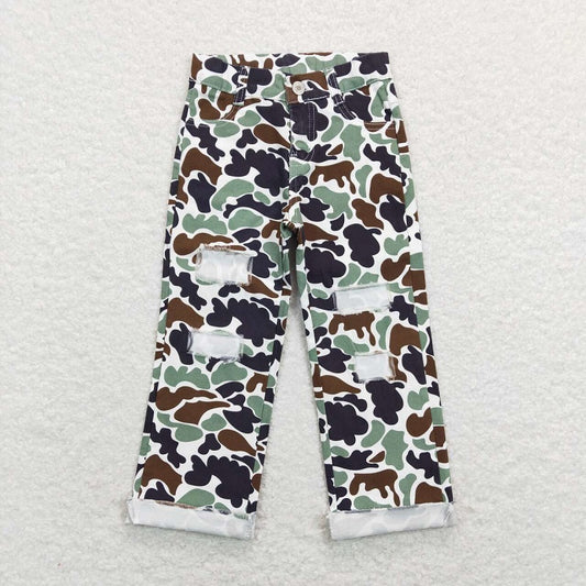 P0413 Brown green camouflage ripped denim trousers
