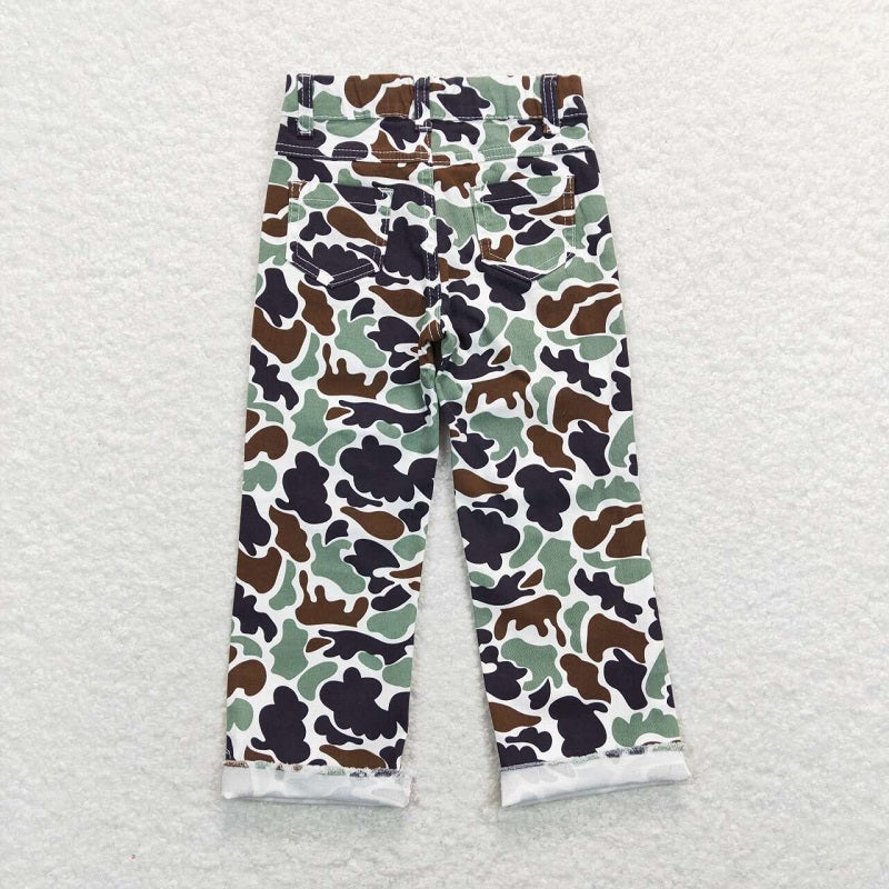 P0413 Brown green camouflage ripped denim trousers