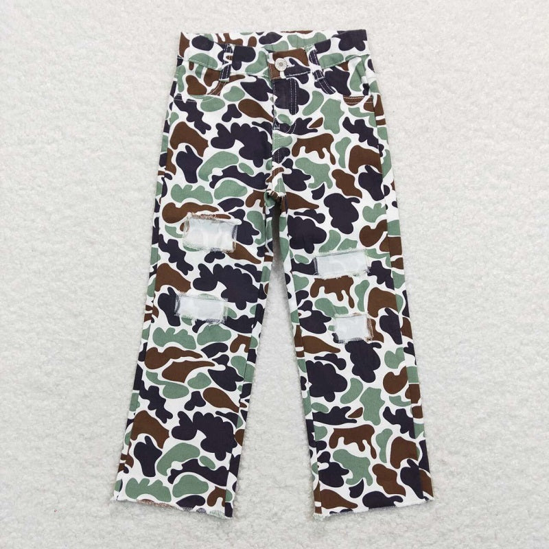 P0413 Brown green camouflage ripped denim trousers