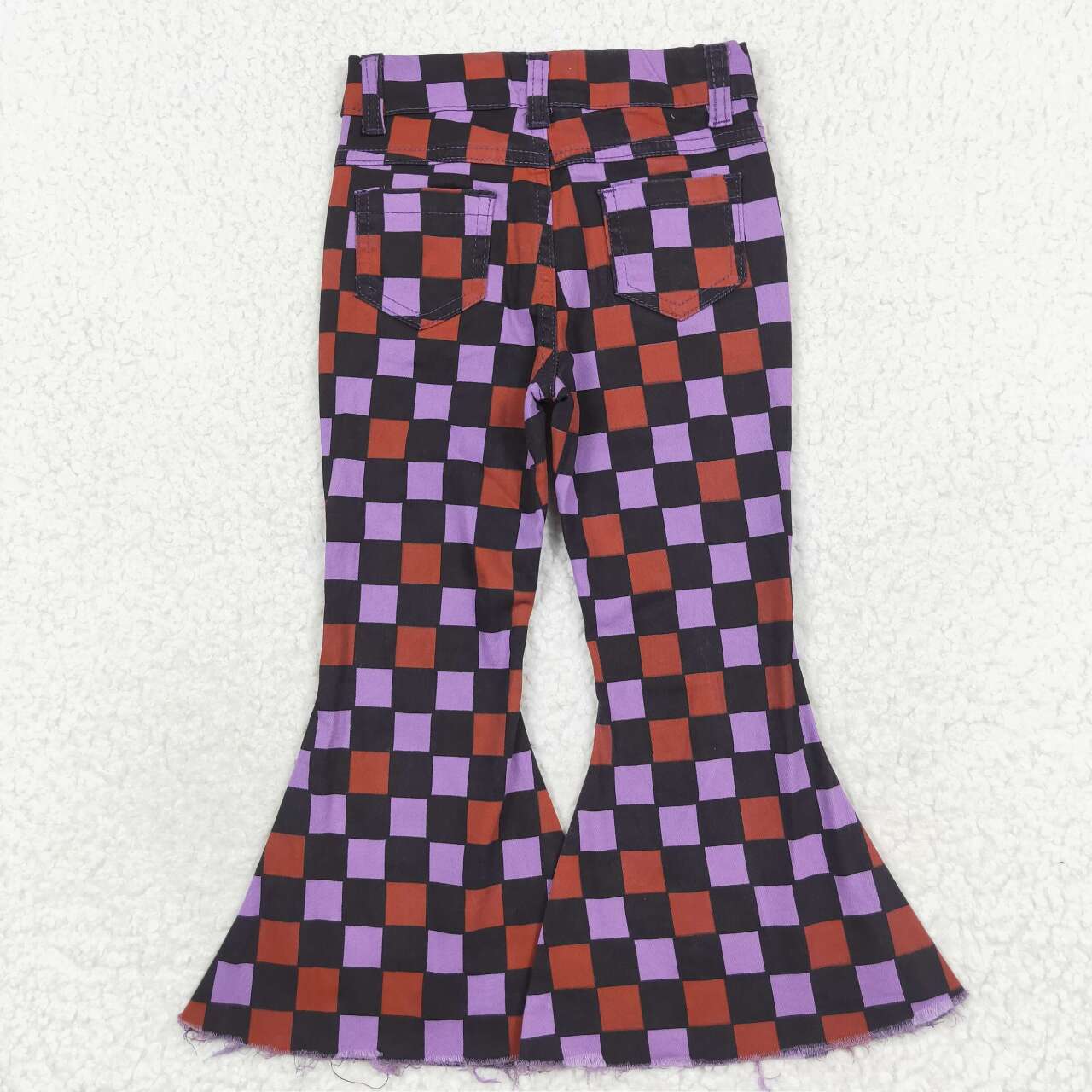 P0471 Orange and purple plaid black denim trousers