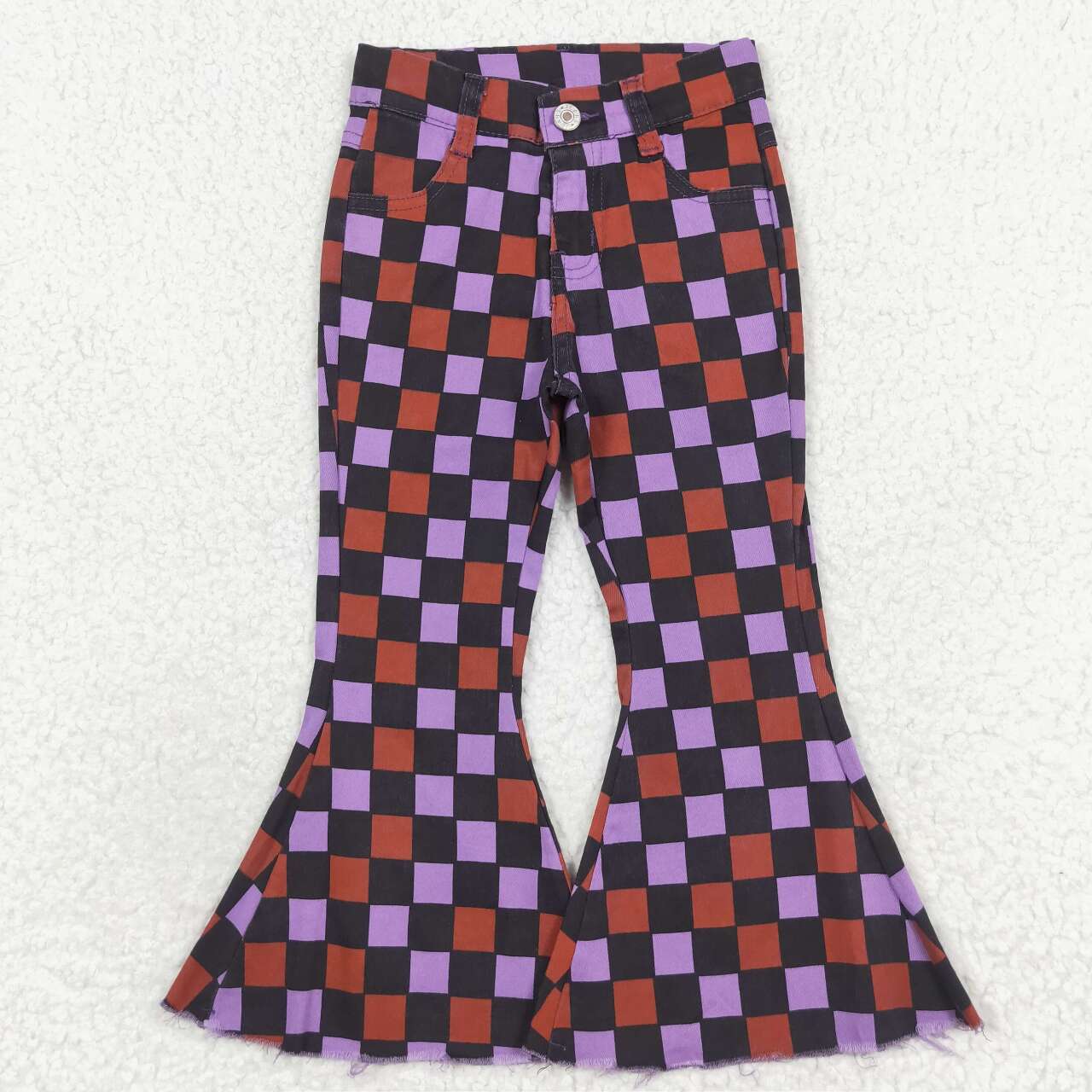 P0471 Orange and purple plaid black denim trousers