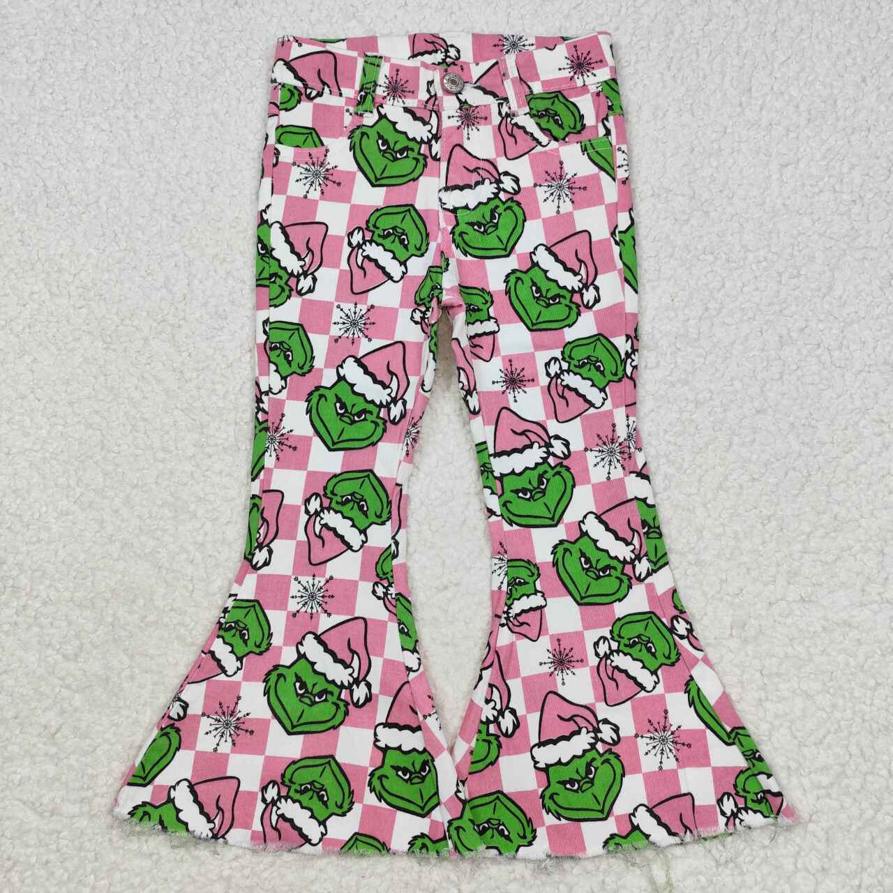 P0483 Snowflake pink plaid denim trousers