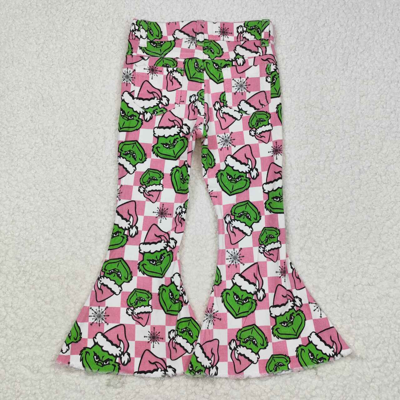 P0483 Snowflake pink plaid denim trousers