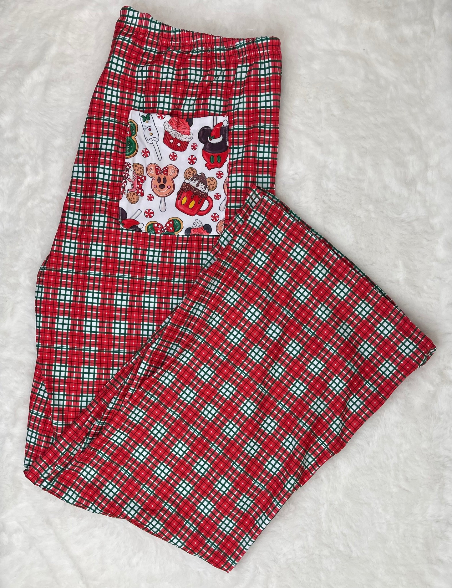 P0569  Adult Women Christmas Plaid Cartoon Pocket Bottom Pants Pajama