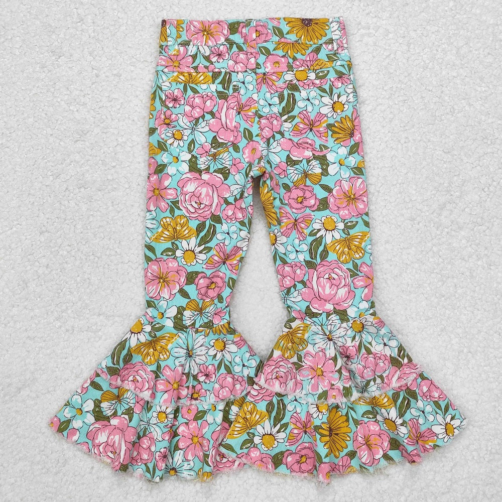 P0633 Pink and yellow floral green denim trousers