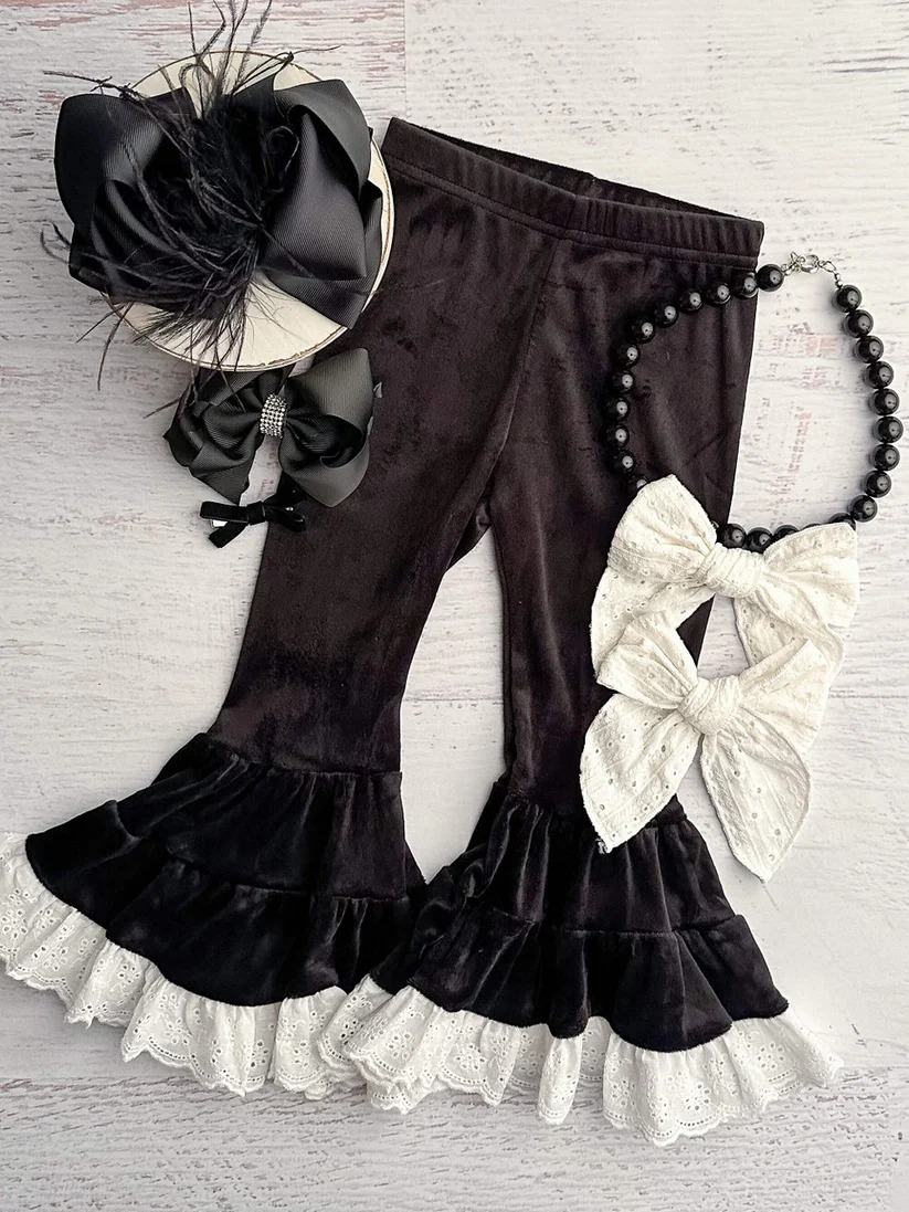 presale P0720  Solid Black Velvet Lace Trousers  2024 11.2