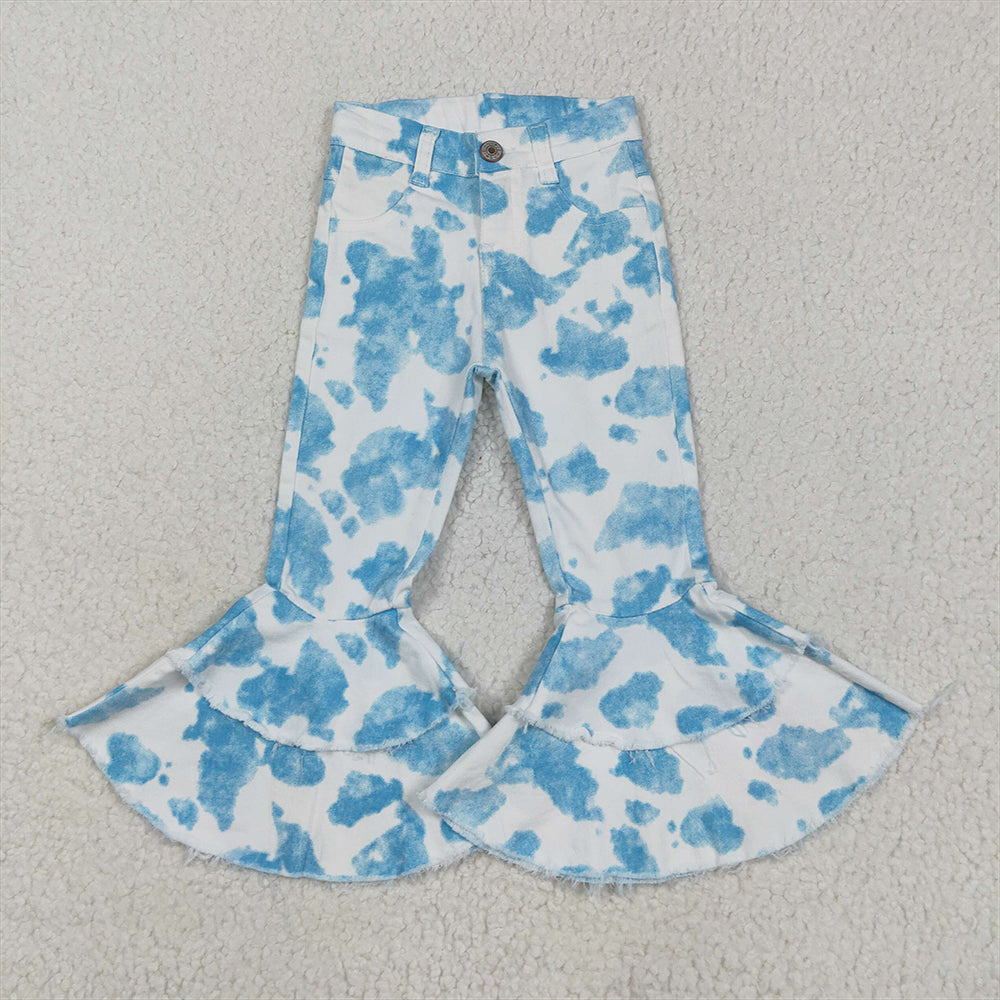 P0762 Light blue cow print kids girls ruffle jeans  D 5.16