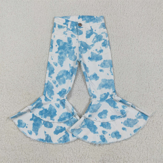 P0762 Light blue cow print kids girls ruffle jeans D 5.16
