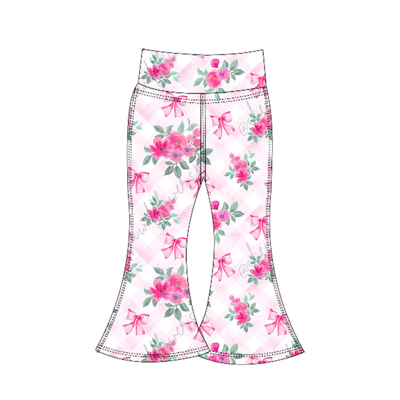 presale P0772 Baby Girls Pink Plaid Floral Bows Bell Bottom Yoga Pants  D 6.5