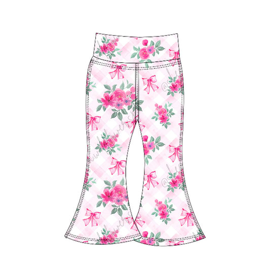 presale P0772 Baby Girls Pink Plaid Floral Bows Bell Bottom Yoga Pants D 6.5