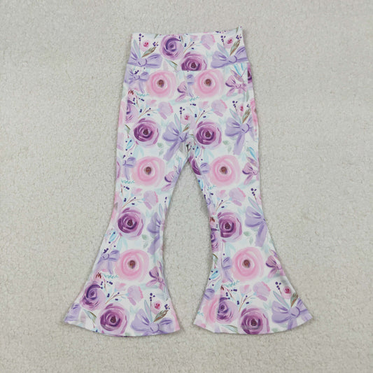 P0774 Baby Girls Purple Flower Bows Bell Bottom Yoga Pants D 926