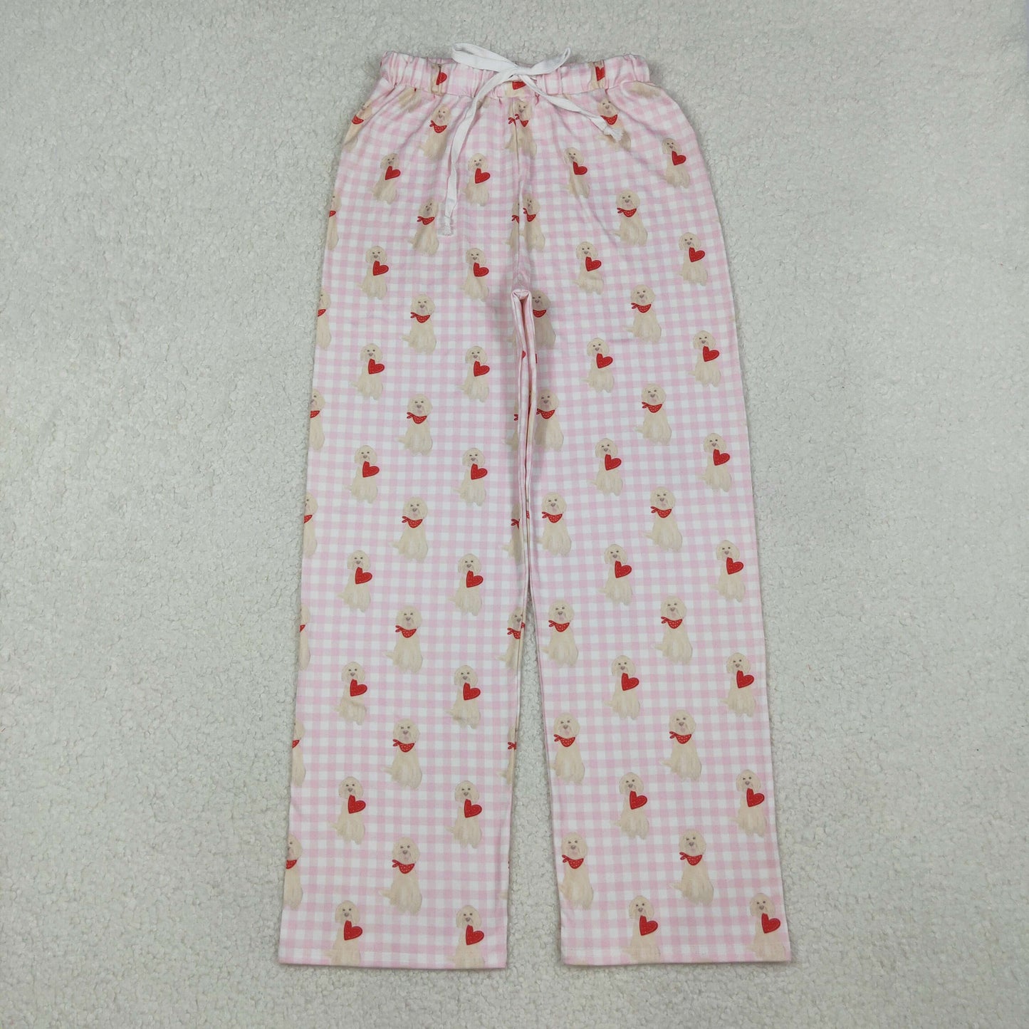P0849 Adult Women Pink Checked Dogs Hearts Valentine Pants Bottom  D 1022