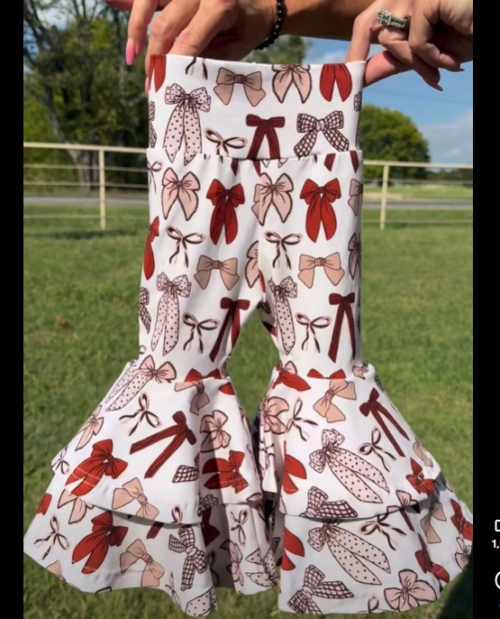 P0885 Baby Girls Red Bows Plaid Yoga Bell Bottom Pants  D 1203