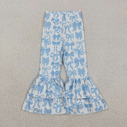 P0886 Baby Girls Blue Bows Plaid Yoga Bell Bottom Pants  D 1203