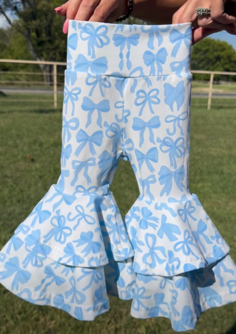 presale P0886 Baby Girls Blue Bows Plaid Yoga Bell Bottom Pants  D 929