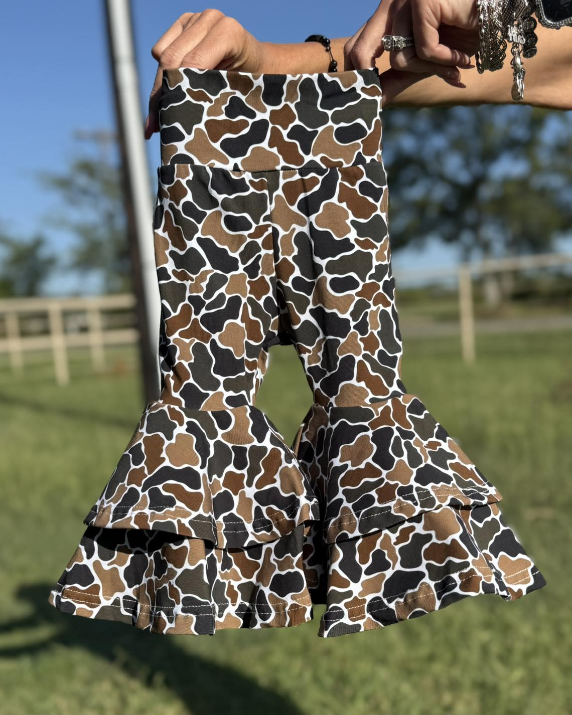 presale P0887 Baby Girls Dark Brown Camo Yoga Bell Bottom Pants   D 929