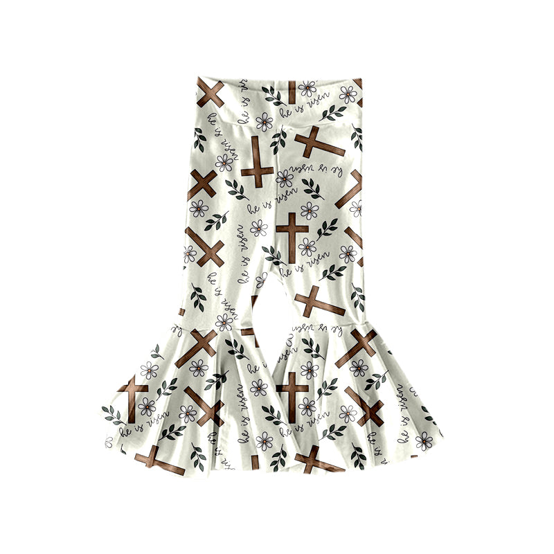 presale P0948  Baby Girls Crosses He is Risen Easter Bell Bottom Pants  D 1108