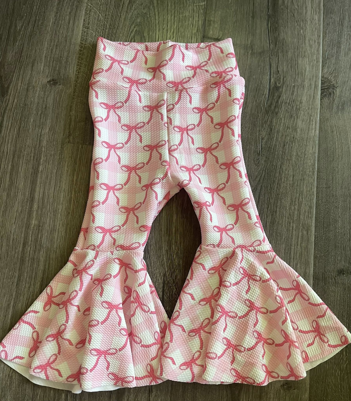 presale P0965 Baby Girls Pink Bows Checked Bell Bottom Pants  D 1129