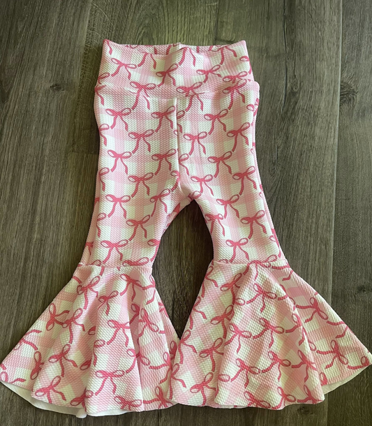 presale P0965 Baby Girls Pink Bows Checked Bell Bottom Pants  D 1129