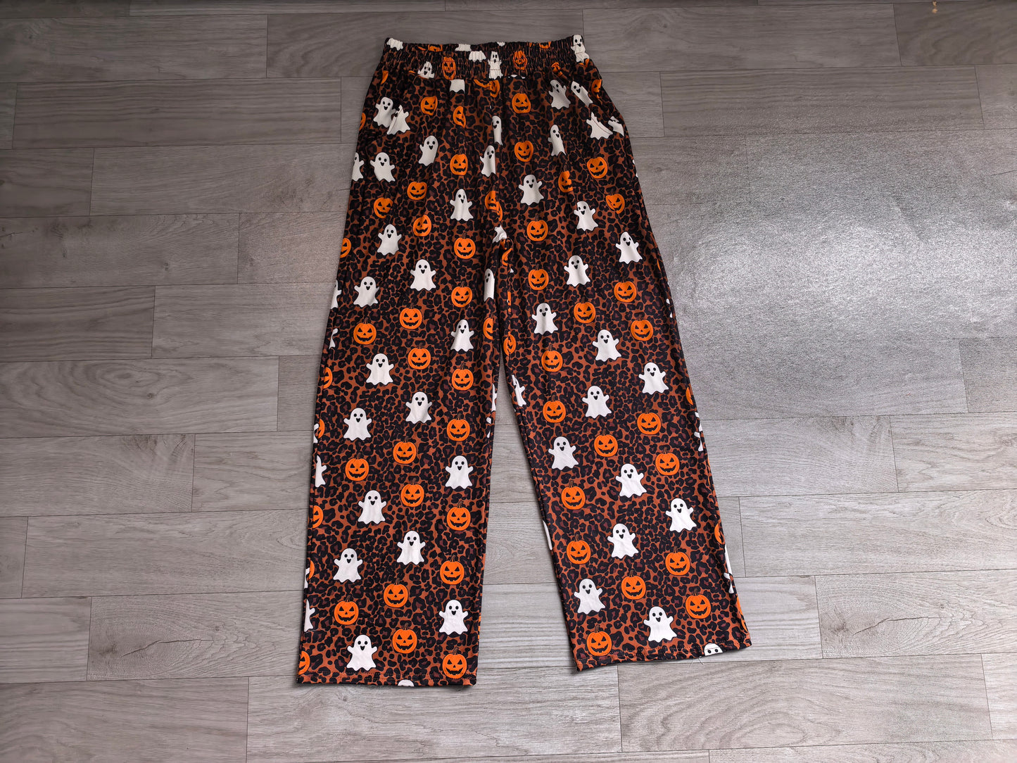 pre order halloween leopard with pumpkin and ghost wide leg pants women