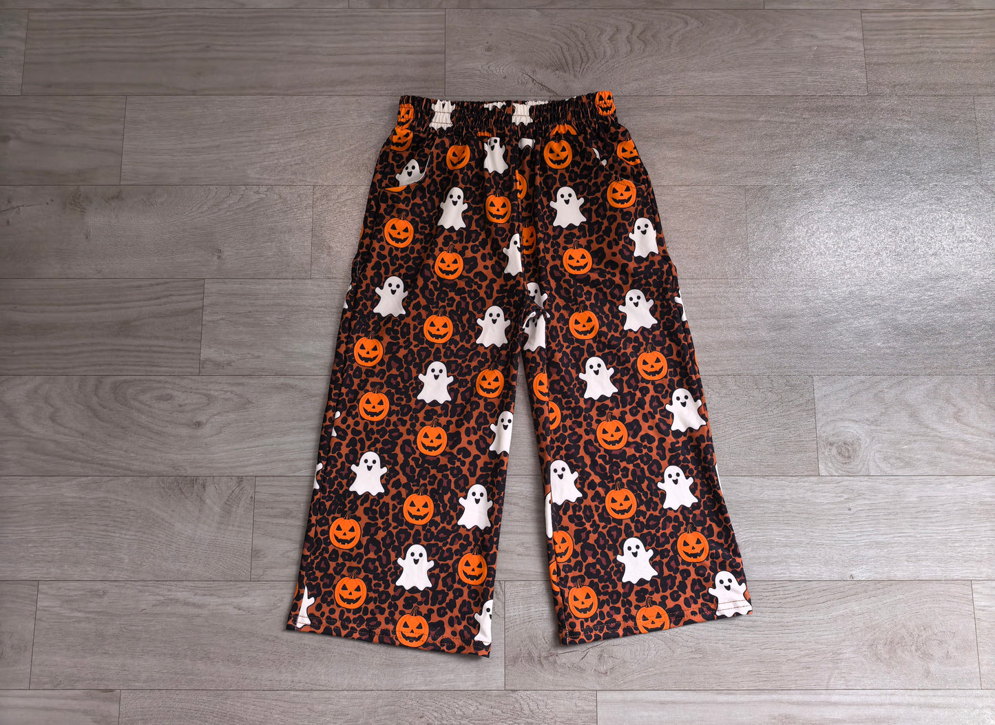 pre order halloween leopard with pumpkin and ghost wide leg pants girl