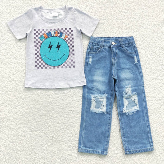 BSPO0117 mama's boy grey short-sleeved ripped denim trousers suit