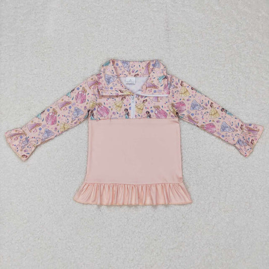 GT0297 Cartoon light pink lace zipper long-sleeved top