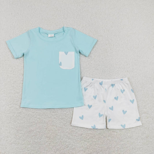 BSSO0413 Love Pocket Blue and White Short Sleeve Shorts Set