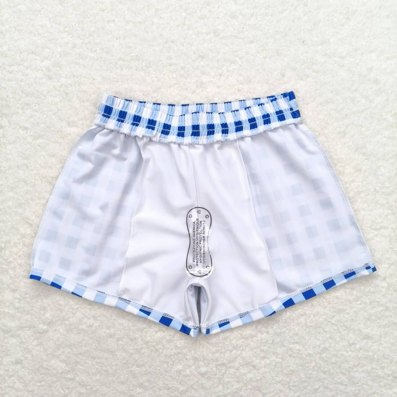 blue white plaid boy trunks kids swimsuit