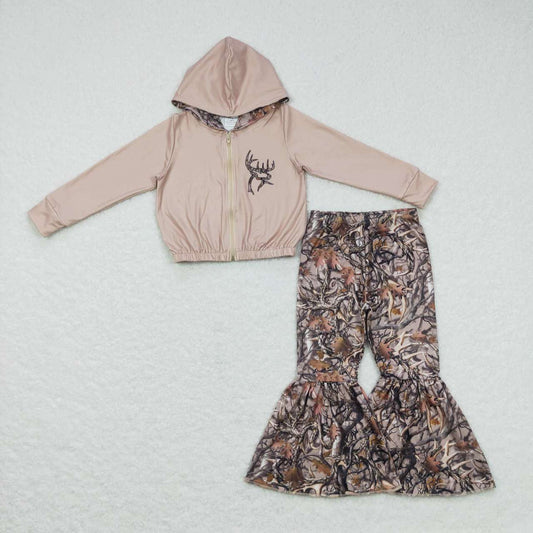 GT0334 Elk Brown Zip Hooded Long Sleeve Top+P0309 branch camouflage trousers