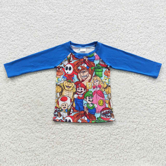 BT0264 Cartoon Mario Blue Raglan Long Sleeve Top
