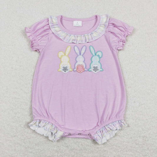 SR0499 Embroidery Three colorful rabbits colorful plaid lace purple short-sleeved jumpsuit