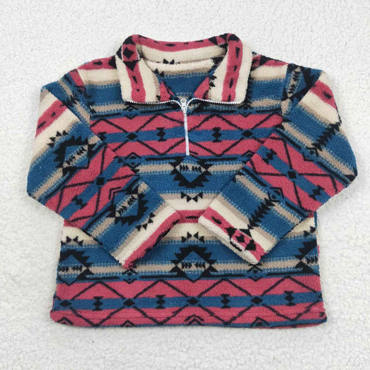 BT0353 aztec geometric blue pink beige zip up fleece jacket long sleeve top