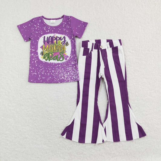 GSPO1123  GT0374 happy mardi gras letter purple short-sleeved top+P0331 Purple and white striped denim trousers