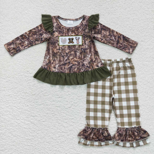 GLP0644 Embroidered Turkey Boots Deer Leaf Plaid Green Lace Long Sleeve Pants Suit