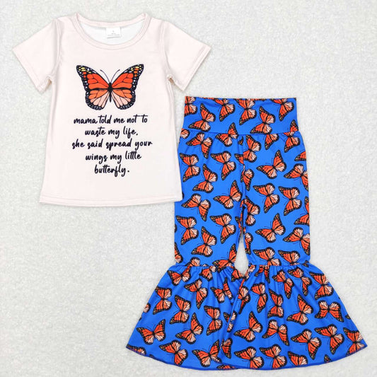 GSPO0954 Letter Butterfly Short Sleeve Blue Pants Suit