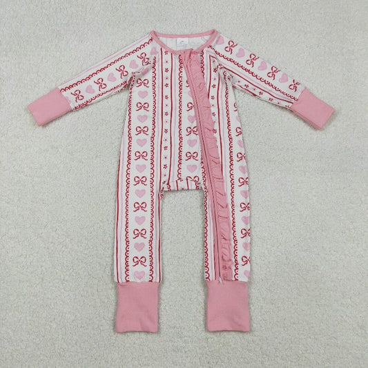 LR2781  Baby Girls Pink Bows Hearst Stripe Valentine Ruffle Zipper Footie Rompers  D 1011