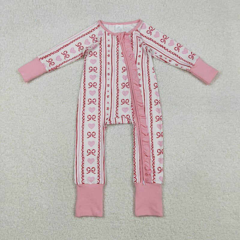 Sibling Baby Girls Pink Hearts Bows Stripes Valentines Pajamas Sets Ruffle Zipper Rompers  D 1206