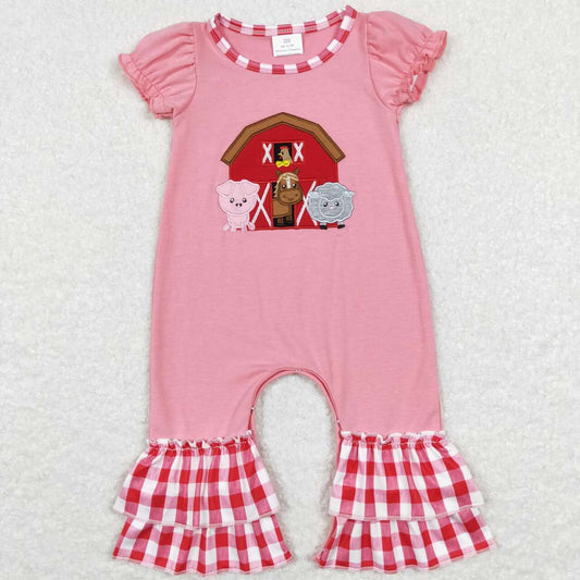 SR0511 Embroidery farm animals red house pig horse sheep red and white plaid lace pink short-sleeved jumpsuit