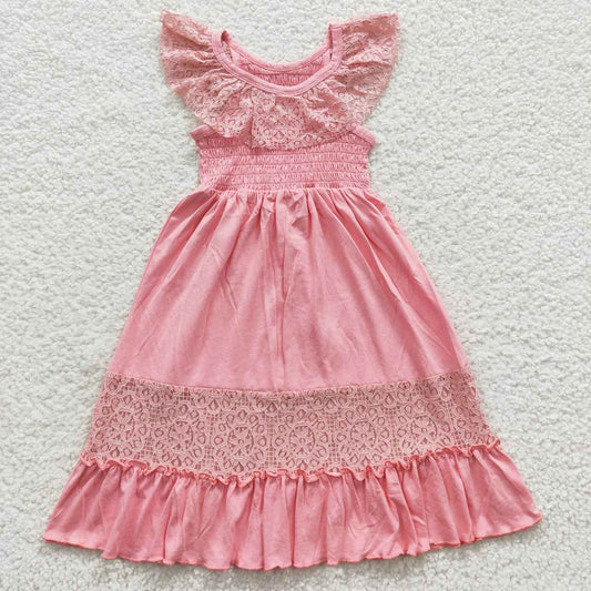 GSD0457 Lace pink smocked sleeveless dress