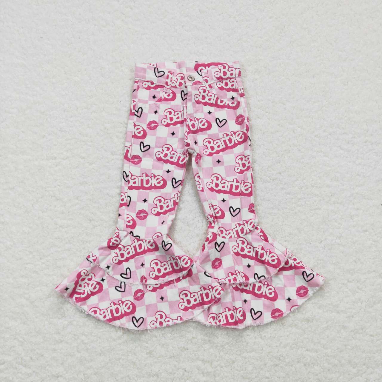 P0294 barbie letter love pink and white plaid denim trousers