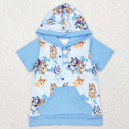 BT0452 boys blue pocket hooded short-sleeved top