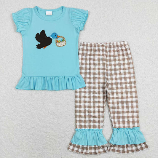 girl easter egg basket duck embroidery ruffle pants set