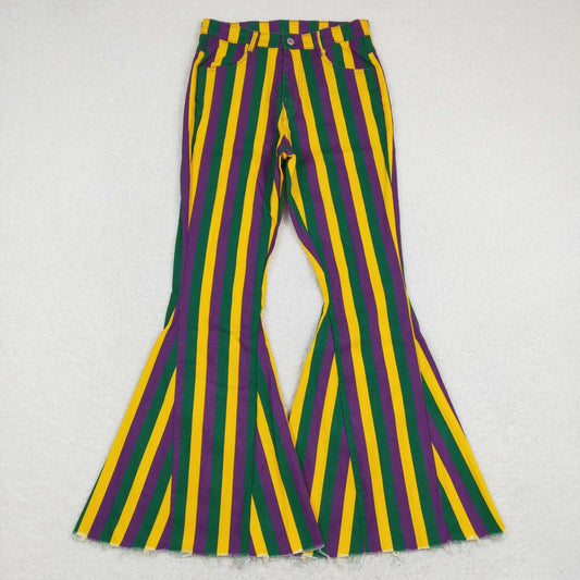woman mardi gras clothing, green purple yellow stripe denim pants,adult jeans,flare bottom