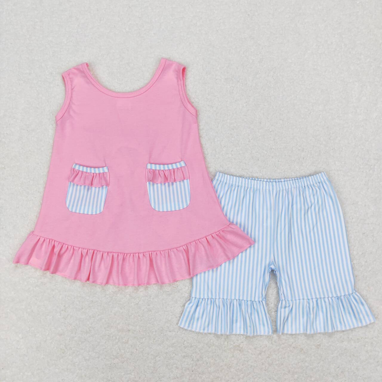 GSSO0438 Blue and white striped lace pocket bow sleeveless top shorts set D 4.24