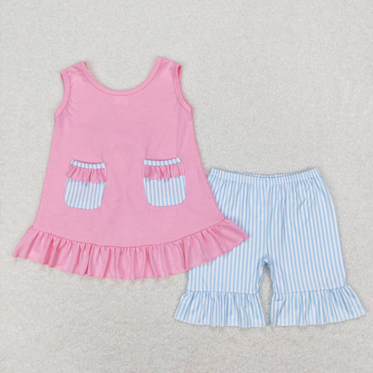 GSSO0438 Blue and white striped lace pocket bow sleeveless top shorts set